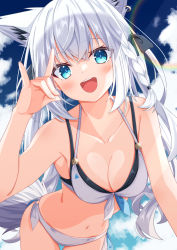 Rule 34 | 1girl, animal ear fluff, animal ears, bikini, black bow, blush, bow, braid, breasts, cleavage, cloud, cloudy sky, collarbone, commentary request, day, divergenceok, earrings, fox ears, fox girl, fox shadow puppet, fox tail, green eyes, hair between eyes, hair bow, highres, hololive, jewelry, long hair, looking at viewer, medium breasts, open mouth, shirakami fubuki, sidelocks, single braid, sky, smile, solo, swimsuit, tail, virtual youtuber, white bikini, white hair