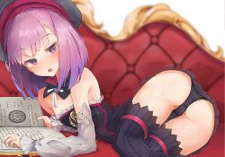 Rule 34 | 1girl, ass, bad anatomy, black panties, black thighhighs, blurry, blush, book, chaise longue, depth of field, detached sleeves, fate/grand order, fate (series), gyaito, hat, helena blavatsky (fate), highres, looking at viewer, open book, open mouth, panties, purple eyes, purple hair, short hair, solo, strapless, thighhighs, underwear