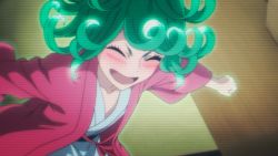 Rule 34 | 1girl, animated, animated gif, blush, closed eyes, drunk, green hair, japanese clothes, one-punch man, open mouth, smile, solo, stomping, tatsumaki