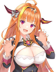 Rule 34 | 1girl, :d, ahoge, black hairband, black jacket, blonde hair, blunt bangs, bow, braid, breasts, brooch, claw pose, cleavage, cleavage cutout, clothing cutout, dragon girl, dragon horns, dress shirt, fang, hairband, highres, hololive, horn bow, horn ornament, horns, jacket, jewelry, kiryu coco, kiryu coco (1st costume), large breasts, long hair, looking at viewer, multicolored hair, open mouth, orange hair, pointy ears, raiya atelier, red eyes, shirt, side braid, signature, simple background, skin fang, smile, solo, streaked hair, two-tone hair, upper body, v-shaped eyebrows, virtual youtuber, white background, white shirt