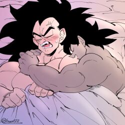 Rule 34 | 2boys, afterglow, bara, blush, couple, cuddling, dark-skinned male, dark skin, dragon ball, dragonball z, from above, highres, hug, large pectorals, male focus, mature male, multiple boys, muscular, muscular male, pectoral lift, pectorals, raditz, receding hairline, short hair, shy, sideburns, sleeping, sleeping on person, spiked hair, topless male, tullece, under covers, upper body, yaoi, yoram (yoram551)
