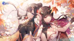 Rule 34 | 2girls, absurdres, azur lane, black gloves, black hair, breasts, brown hair, buttons, closed mouth, coat, curled horns, double-breasted, fingerless gloves, floating hair, flower, gloves, hair flower, hair ornament, haori, highres, horns, jacket, jacket on shoulders, japanese clothes, katana, large breasts, long hair, long sleeves, looking at viewer, medium breasts, military, military uniform, multiple girls, official art, oni horns, open clothes, open coat, ozzingo, ponytail, purple eyes, ryuuhou (azur lane), shirt, standing, suruga (azur lane), sword, uniform, upper body, weapon, white coat, white shirt, wing collar