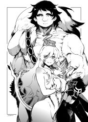 Rule 34 | animal, animal on head, artemis (fate), bare pectorals, bear, bracelet, breasts, dress, fate/grand order, fate (series), fingerless gloves, gloves, greyscale, height difference, highres, jewelry, large breasts, long hair, looking at viewer, monochrome, muscular, on head, orion (bear) (fate), super orion (fate), pectorals, signature, smile, strapless, strapless dress, thick eyebrows