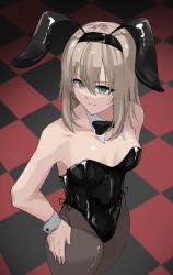 Rule 34 | 1girl, alternate breast size, animal ears, black leotard, black pantyhose, blue eyes, bow, bowtie, breasts, checkered floor, cowboy shot, detached collar, fake animal ears, girls und panzer, hand on own hip, highres, itsumi erika, leotard, looking to the side, medium hair, pantyhose, playboy bunny, rabbit ears, rabbit tail, small breasts, solo, standing, tail, wrist cuffs, yaegashi isa