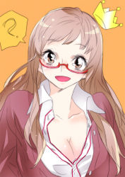 Rule 34 | 1girl, ?, ano fuji, breasts, brown eyes, brown hair, cleavage, glasses, large breasts, long hair, looking at viewer, okujou no yurirei-san, open mouth, orange background, red-framed eyewear, simple background, smile, solo, tima