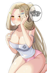 Rule 34 | 1girl, absurdres, azur lane, blonde hair, blush, breasts, bunker hill (azur lane), bunker hill (mission relaxation) (azur lane), cleavage, english text, eyes visible through hair, highres, large breasts, long hair, looking at viewer, official alternate costume, orange eyes, panties, pink panties, red eyes, second-party source, shirt, simple background, solo, spaghetti strap, speech bubble, tank top, toy bits, underwear, very long hair, white background, white shirt