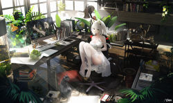 Rule 34 | 1girl, alternate costume, animal ears, apple, arknights, artist self-reference, bare shoulders, book, breasts, cat, cat ears, chair, cleavage, commentary request, computer, dress, fish tank, food, fruit, garter straps, globe, green apple, green eyes, highres, indoors, kal&#039;tsit (arknights), keyboard (computer), lamp, light particles, light rays, looking at viewer, monitor, mouse (computer), notebook, office chair, omone hokoma agm, parted lips, pillow, plant, potted plant, short hair with long locks, sitting, sleeveless, sleeveless dress, solo, swivel chair, table, thighhighs, white dress, white hair, white thighhighs, window