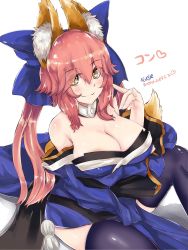 Rule 34 | 10s, 1girl, animal ears, b.d, bell, blue thighhighs, blush, breast hold, breasts, cleavage, collar, dated, detached sleeves, fate/extra, fate/extra ccc, fate/grand order, fate (series), fox ears, fox shadow puppet, fox tail, graphite (medium), hair over one eye, hair ribbon, highres, japanese clothes, large breasts, looking at viewer, mechanical pencil, neck bell, pencil, pink hair, ribbon, simple background, smile, solo, tail, tamamo no mae (fate/extra), thighhighs, traditional media, white background, yellow eyes