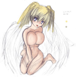 Rule 34 | :p, bad id, bad pixiv id, blonde hair, blue eyes, breast hold, breasts, chutona, huge breasts, nude, original, sitting, sketch, solo, tongue, tongue out, twintails, wings