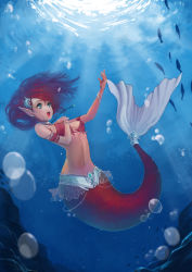 Rule 34 | 1girl, absurdres, aqua eyes, bikini, bikini top only, bracelet, breasts, bubble, choker, cleavage, fish, hand on own chest, highres, jewelry, long hair, lots of jewelry, mermaid, monster girl, necklace, ocean, open mouth, original, pointy ears, red hair, sola7764, solo, swimsuit, underwater