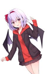 Rule 34 | 1girl, :d, alternate costume, bad id, bad twitter id, bat wings, black jacket, black skirt, blazer, blush, casual, commentary request, contemporary, cowboy shot, dutch angle, hair between eyes, hair ribbon, hairband, hand up, highres, hood, hoodie, hyurasan, jacket, light purple hair, long sleeves, looking at viewer, miniskirt, open mouth, pleated skirt, pocket, red eyes, red hairband, red hoodie, red ribbon, remilia scarlet, ribbon, short hair, sidelocks, simple background, skirt, smile, solo, standing, thighs, touhou, white background, wings