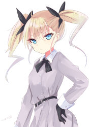 Rule 34 | 1girl, belt, belt buckle, black belt, black gloves, black neckwear, black ribbon, blonde hair, blue eyes, breasts, buckle, closed mouth, collared dress, commentary request, dress, gloves, grey dress, hair between eyes, hair ribbon, hand on own hip, highres, hizaka, kaijuu no. 8, looking at viewer, ribbon, shinomiya kikoru, signature, simple background, small breasts, solo, twintails, white background