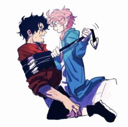Rule 34 | 2boys, 79x (ox79xo), amayado rei, amemura ramuda, black footwear, black hair, blouse, blue eyes, bound, face-to-face, facial hair, height difference, highres, hypnosis mic, jacket, looking at another, multiple boys, pink hair, red shirt, restrained, scar, scar across eye, shirt, short hair, sitting, sitting on lap, sitting on person, tied up (nonsexual), yaoi