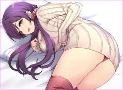 Rule 34 | 1girl, bed sheet, breasts, duke (inu daimyou), green eyes, hair ornament, hair scrunchie, large breasts, long hair, long sleeves, looking at viewer, love live!, love live! school idol project, low twintails, lying, on side, open mouth, panties, pillow, pink scrunchie, purple hair, red panties, red thighhighs, scrunchie, solo, sweater, thighhighs, thighs, tojo nozomi, twintails, underwear, white sweater