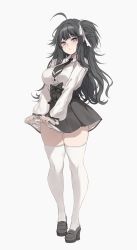 Rule 34 | 1girl, absurdres, ahoge, black footwear, black hair, blouse, blue eyes, blush, bow, breasts, clothes lift, full body, high-waist skirt, high heels, highres, large breasts, long hair, long sleeves, looking at viewer, meme attire, messy hair, necktie, one side up, original, puffy long sleeves, puffy sleeves, shirt, simple background, skirt, skirt lift, solo, standing, thick thighs, thighhighs, thighs, underbust, virgin killer outfit, white background, white shirt, white thighhighs, zerocat, zettai ryouiki