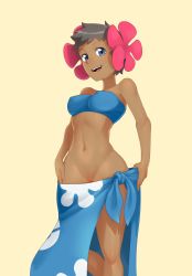 Rule 34 | 1girl, absurdres, bandeau, bikini, blue bikini, bra, breasts, creatures (company), dark-skinned female, dark skin, game freak, highres, large breasts, legs, looking at viewer, navel, nintendo, open mouth, phoebe (pokemon), pokemon, pokemon rse, pussy, sarong, short hair, simple background, skirt, smile, solo, swimsuit, thighhighs, thighs, toned, underwear