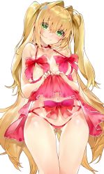 Rule 34 | 10s, absurdres, ahoge, babydoll, bare shoulders, blush, bow, choker, cowboy shot, fate/extra, fate (series), gluteal fold, green eyes, hair intakes, head tilt, highres, kou mashiro, lingerie, long hair, looking at viewer, nail polish, navel, negligee, nero claudius (fate), nero claudius (fate) (all), nero claudius (fate/extra), panties, ribbon choker, sidelocks, simple background, smile, string panties, thigh gap, two side up, underwear, very long hair, white background