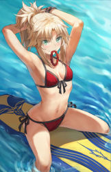 Rule 34 | 1girl, armpits, arms behind head, arms up, bare shoulders, bikini, blonde hair, bracelet, braid, breasts, collarbone, fate/grand order, fate (series), female focus, french braid, green eyes, highres, jewelry, long hair, looking at viewer, mordred (fate), mordred (fate) (all), mordred (swimsuit rider) (fate), mordred (swimsuit rider) (first ascension) (fate), mouth hold, navel, ocean, parted bangs, ponytail, prydwen (fate), red bikini, revision, sidelocks, small breasts, smile, solo, surfboard, swimsuit, thighs, tonee, tying hair, wet