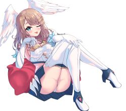 Rule 34 | 1girl, blue eyes, blush, boots, breast tattoo, breasts, cosplay, crossed legs, eunie (xenoblade), hand on own knee, hand up, head wings, highres, juliet sleeves, light brown hair, long sleeves, looking at viewer, medium breasts, medium hair, melia antiqua, melia antiqua (cosplay), official alternate costume, one eye closed, panties, pantyshot, pillow, puffy sleeves, revvie, sideboob, signature, simple background, sitting, solo, tattoo, teasing, thigh boots, tongue, tongue out, underwear, white background, white panties, white wings, wings, xenoblade chronicles: future connected, xenoblade chronicles (series), xenoblade chronicles 1, xenoblade chronicles 3