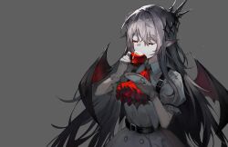 Rule 34 | 1girl, ascot, belt, black belt, blood, closed eyes, commentary, cup, demon wings, drinking blood, gloves, grey background, grey hair, greypidjun, hair between eyes, hair ornament, highres, holding, holding cup, holding plate, ascot, long hair, original, plate, pointy ears, puffy short sleeves, puffy sleeves, red ascot, red ascot, short sleeves, simple background, solo, symbol-only commentary, vampire, very long hair, wings