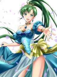 Rule 34 | 1girl, :d, blue dress, blue sleeves, breasts, cleavage, collarbone, contrapposto, detached sleeves, dress, fire emblem, fire emblem: the blazing blade, floating hair, green eyes, green hair, high ponytail, highres, jewelry, kakiko210, long hair, looking at viewer, lyn (fire emblem), medium breasts, nintendo, open mouth, outstretched arm, outstretched hand, pendant, petals, short sleeves, side slit, skirt hold, sleeveless, sleeveless dress, smile, solo, standing, strapless, strapless dress, very long hair, white background