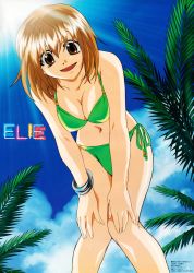Rule 34 | 00s, 1girl, :d, absurdres, bikini, bracelet, breasts, brown eyes, brown hair, cleavage, cloud, day, elie, from below, green bikini, hair between eyes, hands on own knees, highres, jewelry, large breasts, leaf, leaning forward, legs, light rays, looking at viewer, megami magazine, morimoto hirofumi, navel, official art, open mouth, outdoors, rave, short hair, side-tie bikini bottom, sky, smile, solo, standing, sun, sunbeam, sunlight, swimsuit