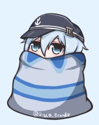 Rule 34 | 1girl, anchor symbol, artist name, black hat, blanket, blue background, blue eyes, blue hair, covered mouth, disco brando, hair between eyes, hat, hibiki (kancolle), highres, kantai collection, long hair, looking at viewer, meme, simple background, solo, twitter username
