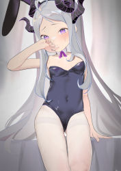 Rule 34 | 1girl, ahoge, animal ears, blue archive, blush, breasts, covered erect nipples, covered navel, fake animal ears, grey hair, highres, hina (blue archive), horns, leotard, long hair, looking at viewer, nuda, pantyhose, playboy bunny, purple eyes, pussy juice stain, rabbit ears, small breasts, solo, sweat, thighband pantyhose, very long hair, white pantyhose
