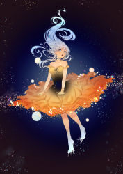 Rule 34 | 1girl, absurdres, black hole, blue eyes, dress, gloves, gradient hair, highres, long hair, m87 black hole, multicolored hair, open mouth, original, personification, samsafe, solo, space, star (sky)