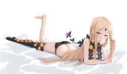 Rule 34 | 1girl, abigail williams (fate), abigail williams (second ascension) (fate), animal, ass, bad id, bad pixiv id, bare legs, barefoot, black bow, black panties, black thighhighs, blonde hair, bow, bug, butt crack, butterfly, candy, commentary request, fate/grand order, fate (series), food, full body, highres, insect, jilu, keyhole, lollipop, long hair, looking at viewer, lying, mouth hold, on stomach, orange bow, panties, parted bangs, polka dot, polka dot bow, red eyes, revealing clothes, single thighhigh, solo, swirl lollipop, thighhighs, underwear, very long hair, white background