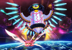 Rule 34 | battle, commentary request, halberd (airship), heart, highres, kirby, kirby: planet robobot, kirby (series), mechanical wings, nintendo, no humans, planet, robobot armor, robot, shooting star, space, star (sky), star (symbol), star dream, suyasuyabi, wings
