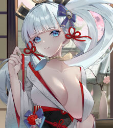 Rule 34 | 1girl, absurdres, alternate costume, ayaka (genshin impact), blue eyes, blue ribbon, blunt bangs, breasts, cleavage, closed mouth, collarbone, genshin impact, hair ribbon, highres, indoors, japanese clothes, jewelry, kimono, large breasts, long hair, long sleeves, looking at viewer, mole, mole under eye, necklace, obi, open clothes, open kimono, ponytail, qiyueban, red ribbon, ribbon, sash, sidelocks, smile, solo, tassel, unaligned breasts, vase, very long hair, white kimono, wide sleeves
