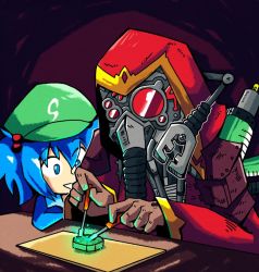 Rule 34 | 1boy, 1girl, adeptus mechanicus, blouse, blue eyes, blue hair, blue shirt, chisel, commentary, crossover, cyborg, dark background, english commentary, extra arms, glowing, goggles, green hat, hair bobbles, hair ornament, hat, hood, kawashiro nitori, mask, matching hair/eyes, mechanical arms, mini-hakkero, rebreather, red goggles, red hood, red robe, robe, screwdriver, setz, shirt, short hair, single mechanical arm, smile, sparks, table, techpriest, touhou, trait connection, tube, twintails, warhammer 40k
