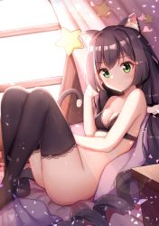 1girl, absurdres, animal ear fluff, animal ears, bangs, bare shoulders, black bra, black hair, black legwear, blush, bra, breasts, cat ears, cat girl, cat tail, cleavage, closed mouth, collarbone, commentary request, curtains, day, eyebrows visible through hair, green eyes, highres, karyl (princess connect!), kiku (ks5832), knees up, lace, lace-trimmed bra, lace-trimmed legwear, lace trim, long hair, looking at viewer, low twintails, lying, medium breasts, multicolored hair, no panties, on back, on bed, panties, princess connect!, princess connect! re:dive, sidelocks, solo, streaked hair, tail, tail raised, thighhighs, thighs, twintails, underwear, very long hair, white hair, window
