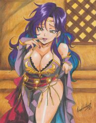 Rule 34 | 1girl, 2023, absurdres, bare shoulders, breasts, bridal gauntlets, circlet, cleavage, clothes lift, collarbone, commission, commissioner upload, cowboy shot, detached sleeves, dress, dress lift, earrings, finger to mouth, fingernails, fire emblem, fire emblem: the blazing blade, gloves, highres, indoors, jewelry, large breasts, leaning forward, long hair, looking at viewer, mature female, nail polish, nintendo, non-web source, panties, pantyshot, pink panties, plunging neckline, purple dress, purple hair, ravernclouk design, red nails, red sash, sash, side slit, smile, smug, solo, sonia (fire emblem: the blazing blade), thighs, tongue, tongue out, traditional media, underwear, window, yellow eyes