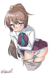 Rule 34 | 10s, 1girl, bad id, bad twitter id, blue eyes, blue necktie, blue panties, blush, brown hair, clothes pull, collared shirt, cowboy shot, cropped legs, dress, ebifurya, gluteal fold, grey pantyhose, groin, hair ribbon, highres, inactive account, kantai collection, kazagumo (kancolle), leaning forward, long hair, long sleeves, looking at viewer, necktie, no pants, open mouth, panties, panty pull, pantyhose, pantyhose pull, pink dress, polka dot, polka dot panties, ponytail, pulling own clothes, ribbon, shirt, simple background, sleeveless, sleeveless dress, solo, tears, twitter username, underwear, white background, white shirt, yellow ribbon