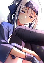 Rule 34 | 1girl, absurdres, ainu clothes, bandana, blue eyes, blue hair, cropped jacket, folded ponytail, headband, highres, kamoi (kancolle), kantai collection, katsuobushi (eba games), knees to chest, knees up, hugging own legs, leg wrap, multicolored hair, sidelocks, sitting, smile, solo, thick eyebrows, white hair, wrist guards