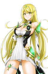 Rule 34 | 1girl, 2019, absurdres, armor, artist name, blonde hair, blush, breasts, cleavage, dated, dress, earrings, elbow gloves, gem, gloves, hair ornament, headpiece, highres, hisin, jewelry, large breasts, long hair, looking at viewer, mythra (xenoblade), nintendo, panties, shoulder armor, signature, simple background, smile, solo, swept bangs, thigh strap, tiara, underwear, very long hair, white background, white dress, xenoblade chronicles (series), xenoblade chronicles 2, yellow eyes