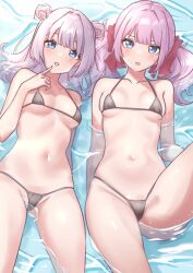 Rule 34 | 2girls, arm at side, assault lily, bare arms, bare shoulders, bikini, black bikini, blue eyes, blunt bangs, blush, bow, breasts, collarbone, commentary request, cowboy shot, day, double bun, finger to own chin, groin, hair bow, hair bun, halterneck, hand up, highres, houji tea latte, long hair, looking at viewer, lying, micro bikini, multiple girls, navel, on back, outdoors, parted lips, partially submerged, pink hair, red bow, sadamori himeka, shallow water, side-by-side, small breasts, smile, stomach, string bikini, swimsuit, tanba akari, twintails, water