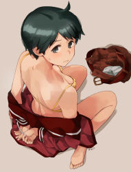 Rule 34 | 1girl, ahoge, barefoot, black eyes, black hair, blush, bound, bound fingers, bra, breasts, brown background, brown shorts, closed mouth, full body, kantai collection, long sleeves, makio (makiomeigenbot), medium breasts, mogami (kancolle), open clothes, shadow, short hair, shorts, unworn shorts, simple background, sitting, solo, sweat, underwear, yellow bra