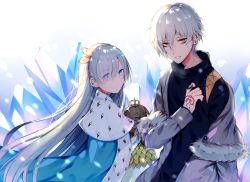 Rule 34 | 1boy, 1girl, anastasia (fate), aozora nan, backlighting, black shirt, blue cloak, blue eyes, brown hair, brown hairband, brown ribbon, cloak, closed mouth, command spell, commentary request, crown, earrings, eyes visible through hair, fate/grand order, fate (series), fur-trimmed hood, fur trim, gold trim, grey jacket, hair between eyes, hair over one eye, hair ribbon, hairband, highres, hood, hood down, hooded jacket, jacket, jewelry, kadoc zemlupus, long hair, long sleeves, looking at viewer, looking to the side, mini crown, off shoulder, open clothes, open jacket, parted lips, ribbon, shirt, silver hair, very long hair, yellow eyes