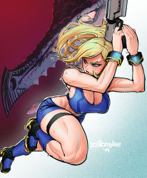 Rule 34 | 1girl, alien, bike shorts, blonde hair, blue eyes, blue shorts, blush, boots, bracelet, breasts, cleavage, commentary, english commentary, covered erect nipples, full body, gun, handgun, highres, holding, holding gun, holding weapon, jewelry, large breasts, lips, long hair, looking to the side, metroid, midriff, nintendo, nose, pistol, ponytail, ridley, running, samus aran, shorts, solo focus, sports bra, teeth, thigh strap, thighs, toned, weapon, zillionaire