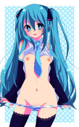 Rule 34 | 1girl, bad id, bad pixiv id, blue eyes, blue hair, breasts, detached sleeves, hatsune miku, highres, long hair, matching hair/eyes, nail polish, navel, necktie, nipples, open mouth, panties, panty pull, pussy, pussy peek, ryuuga sazanami, small breasts, solo, striped clothes, striped panties, thighhighs, twintails, underwear, very long hair, vocaloid