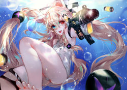 Rule 34 | 1girl, animal ears, armband, armpits, backlighting, bare shoulders, barefoot, blonde hair, blurry, braid, bubble, caustics, character name, commentary request, crossed bangs, day, depth of field, diffraction spikes, fox ears, g41 (beach punk 2064) (girls&#039; frontline), g41 (girls&#039; frontline), girls&#039; frontline, h&amp;k g41, hair between eyes, hair ornament, hair ribbon, heterochromia, highres, long hair, low-tied long hair, name tag, neon trim, official alternate costume, one-piece swimsuit, open mouth, outdoors, ribbon, school swimsuit, single braid, solo, swimsuit, thigh strap, toes, vardan, very long hair, water, white one-piece swimsuit, white school swimsuit