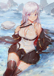 Rule 34 | 1girl, arm support, azur lane, bare shoulders, belt, black belt, black coat, black necktie, black thighhighs, blue eyes, blurry, blush, breasts, cleavage, coat, collared shirt, commentary request, depth of field, duan henglong, enterprise (azur lane), hair between eyes, hair over shoulder, hat, highres, large breasts, light particles, lips, long hair, looking at viewer, military, miniskirt, necktie, open clothes, open coat, peaked cap, see-through, shirt, silver hair, sitting, skirt, sleeveless, sleeveless shirt, solo, sunlight, thighhighs, underbust, unworn hat, unworn headwear, water, wet, wet clothes, white hat