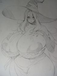Rule 34 | 1girl, areola slip, bare shoulders, bonten, breasts, dragon&#039;s crown, gigantic breasts, hat, highres, long hair, monochrome, plump, sketch, solo, sorceress (dragon&#039;s crown), thick thighs, thighs, traditional media, wide hips, witch hat