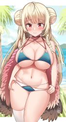 Rule 34 | 1girl, azur lane, bad id, bad pixiv id, beach, bikini, blonde hair, blue bikini, blush, braid, braided bun, breasts, choker, cleavage, criss-cross halter, double bun, feather boa, formidable (azur lane), formidable (the lady of the beach) (azur lane), hair bun, halterneck, highres, hinen, large breasts, long hair, multi-strapped bikini bottom, multi-strapped bikini top, navel, official alternate costume, outdoors, palm tree, pink choker, red eyes, single thighhigh, skindentation, solo, swimsuit, thighhighs, tree, very long hair, water, white thighhighs