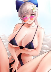 Rule 34 | 1girl, absurdres, azur lane, bikini, black bikini, blue bow, blue nails, bow, breasts, cl (summer sama), cleavage, collarbone, commentary, eyelashes, feet out of frame, flower, grey eyes, hair bow, hair flower, hair ornament, highres, large breasts, lips, long hair, looking at viewer, looking over eyewear, looking over glasses, nail polish, official alternate costume, orange-tinted eyewear, orange-tinted glasses, parted lips, pink-tinted eyewear, pink-tinted glasses, ponytail, silver hair, simple background, sitting, skindentation, smile, solo, spread legs, straight hair, string bikini, sunglasses, swimsuit, thighs, tinted eyewear, very long hair, vittorio veneto (azur lane), vittorio veneto (the flower of la spezia) (azur lane), white-framed eyewear, white background, white flower