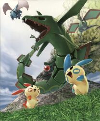 Rule 34 | absurdres, arita mitsuhiro, artist name, cloud, creatures (company), dated, day, dragon, dragon tail, dragon wings, fang, fangs, flygon, game freak, gen 3 pokemon, grass, happy, highres, jumping, legendary pokemon, logo, looking at another, looking up, minun, nature, nintendo, no humans, official art, open mouth, plusle, pokemon, pokemon (creature), pokemon tcg, rayquaza, salamence, skin fang, spoink, tail, walking, wings