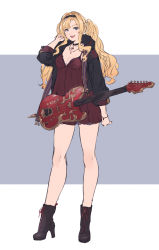 Rule 34 | 1girl, blonde hair, blue eyes, blush, boots, breasts, cleavage, dress, full body, granblue fantasy, guitar, hair intakes, hair ornament, hairband, high heels, highres, instrument, jacket, long hair, looking at viewer, nail polish, open mouth, shimatani azu, smile, solo, twintails, zeta (granblue fantasy)